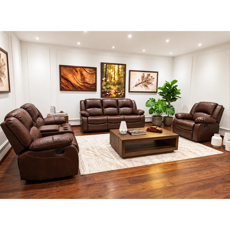 7 Seater Zero Gravity Triple Power Recliner With Drop-down Table in Red-brown Leather