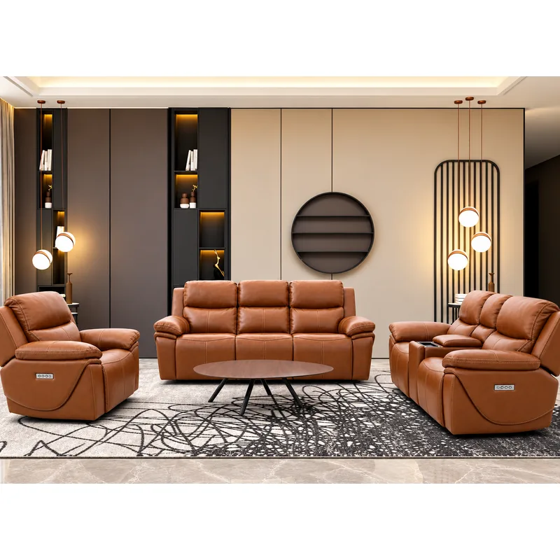 7 Seater Zero Gravity Triple Power Recliner With Drop-down Table in Light Brown Leather 