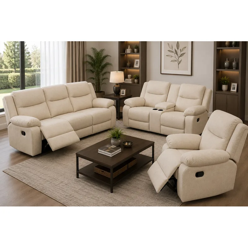 6 Seater Beige Fabric Recliner Sofa Set with Cup Holders