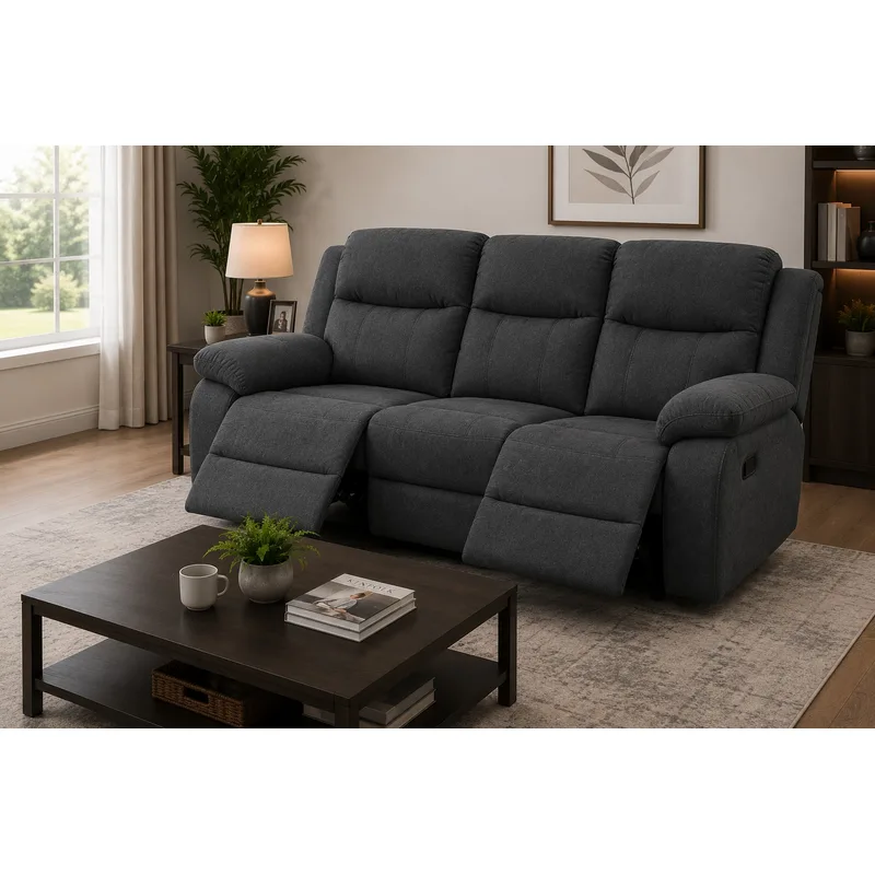 Cozy 3-Seat Fabric Recliner Sofa in Charcoal Gray