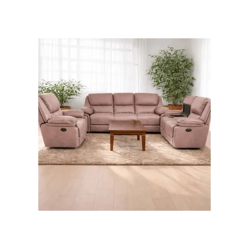 5-Seater Pink Fabric Recliner Sofa Set with Center Table