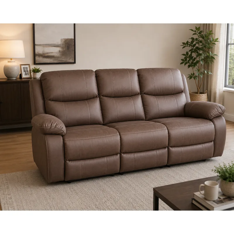 3-Seater Brown Leather Recliner Sofa