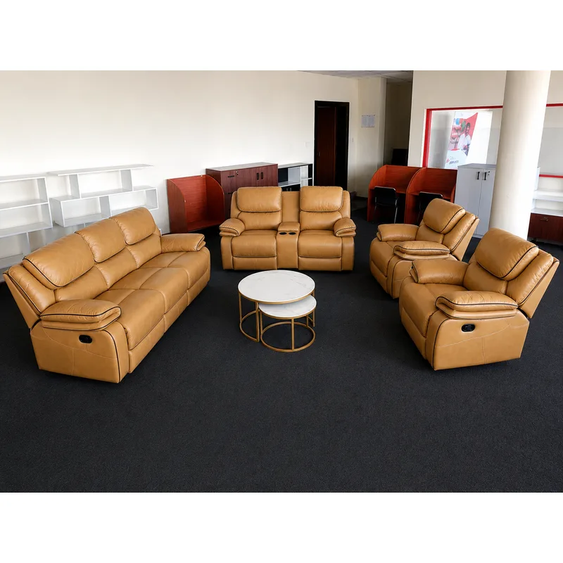 Elegant Brown Leather Recliner Sofa Set with Coffee Table