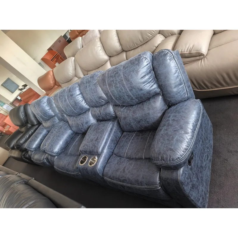 Spacious Blue Recliner Sofa with Cup Holders