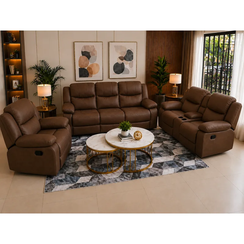 Luxurious Brown Leather Recliner Sofa Set with Cup Holders