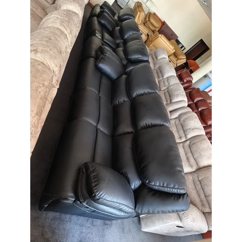 7 Seater Black Leather Recliner Sofa with Plush Cushions
