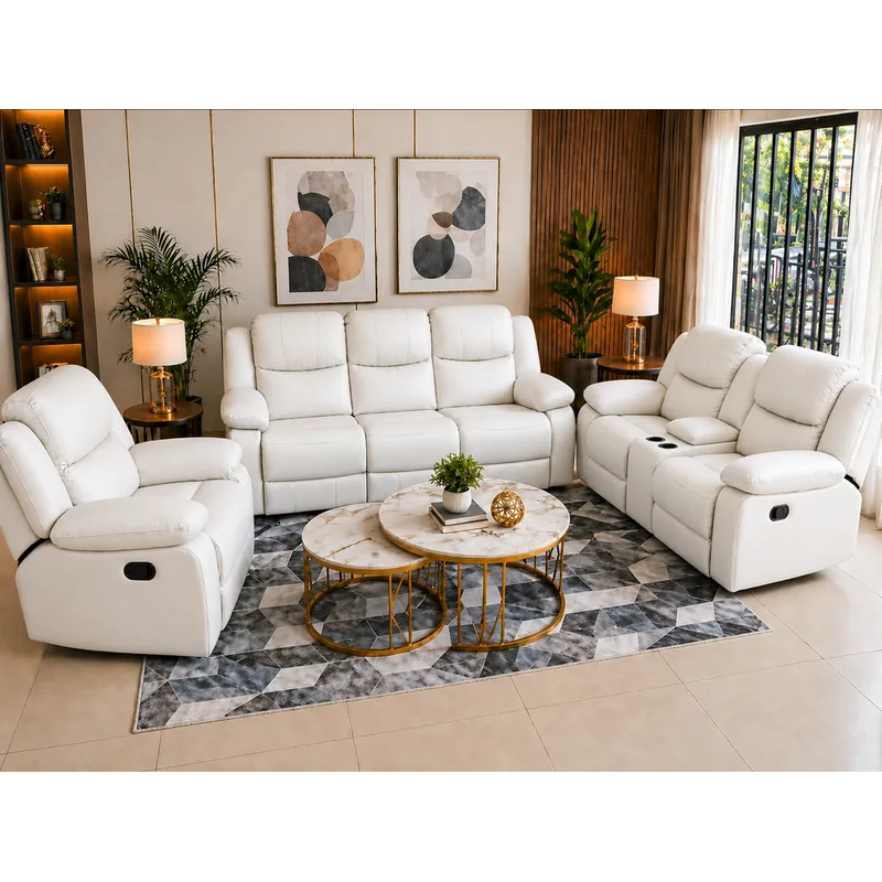 3-Seater White Fabric Recliner Sofa Set with Cup Holders