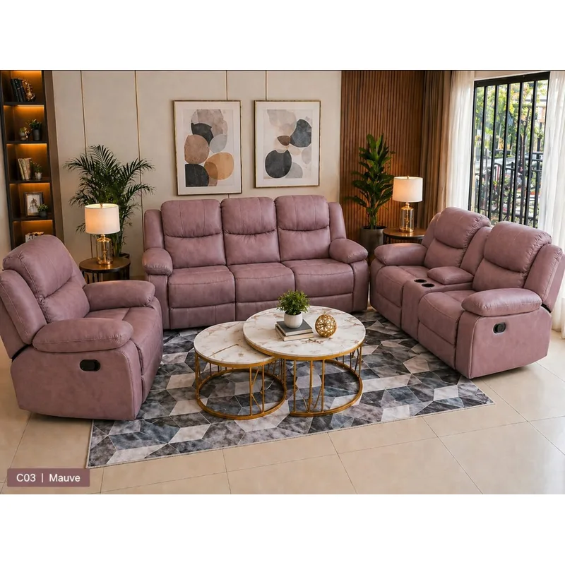 Mauve 3-Piece Recliner Sofa Set with Cupholders