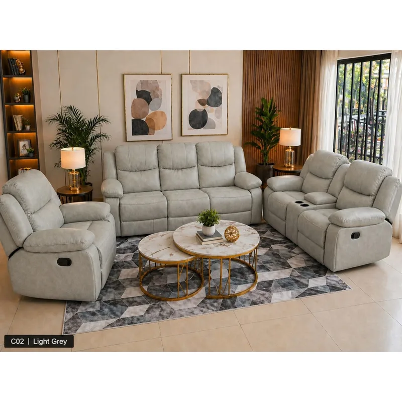 Light Grey 6-Seater Recliner Sofa Set with Cup Holders