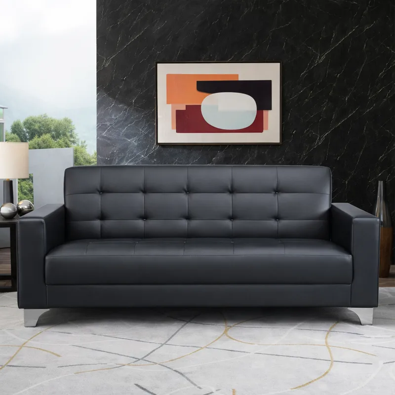 Black Tufted 3-Seater Sofa with Square Arms