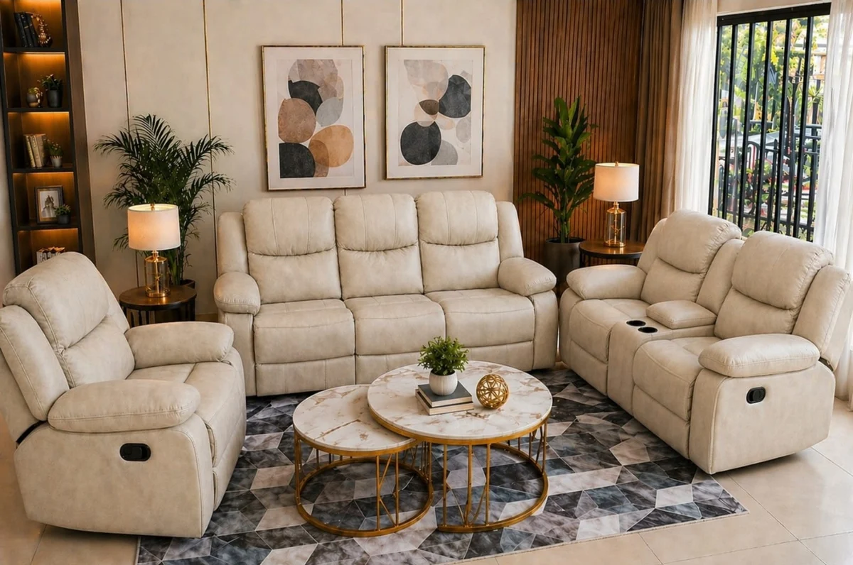 Premium Cream Leather Recliner Sofa Set